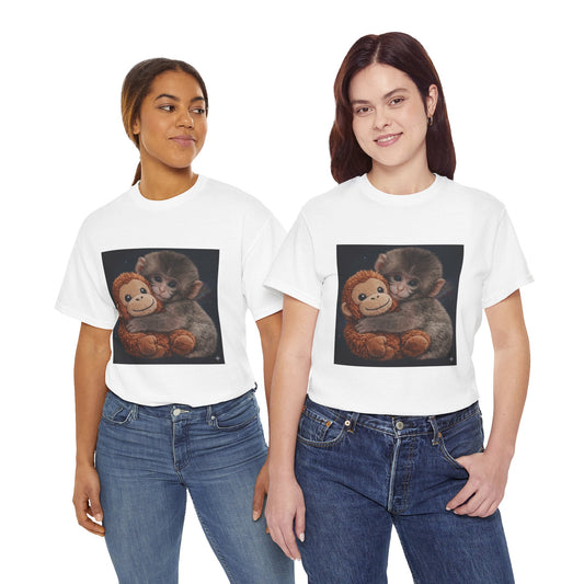 T-Shirt — Cute Baby Monkey Hugging Plush Toy Graphic Tee