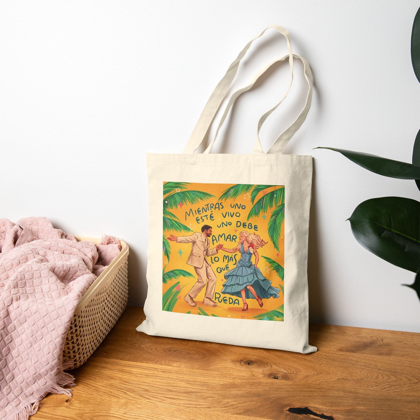 Tote Bag — Spanish Love Quote Tropical Canvas Tote (Mientras Uno Este Vivo...)