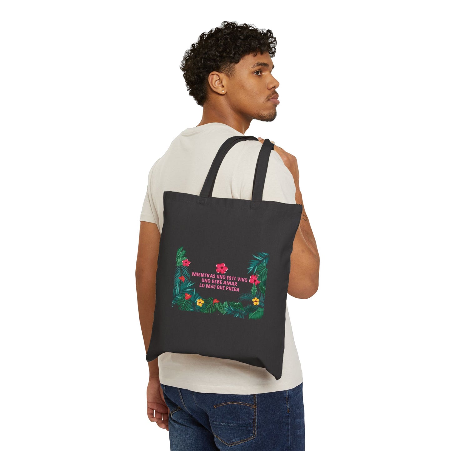 Tote Bag — Spanish Love Quote Tropical Canvas Tote (Mientras Uno Este Vivo...)