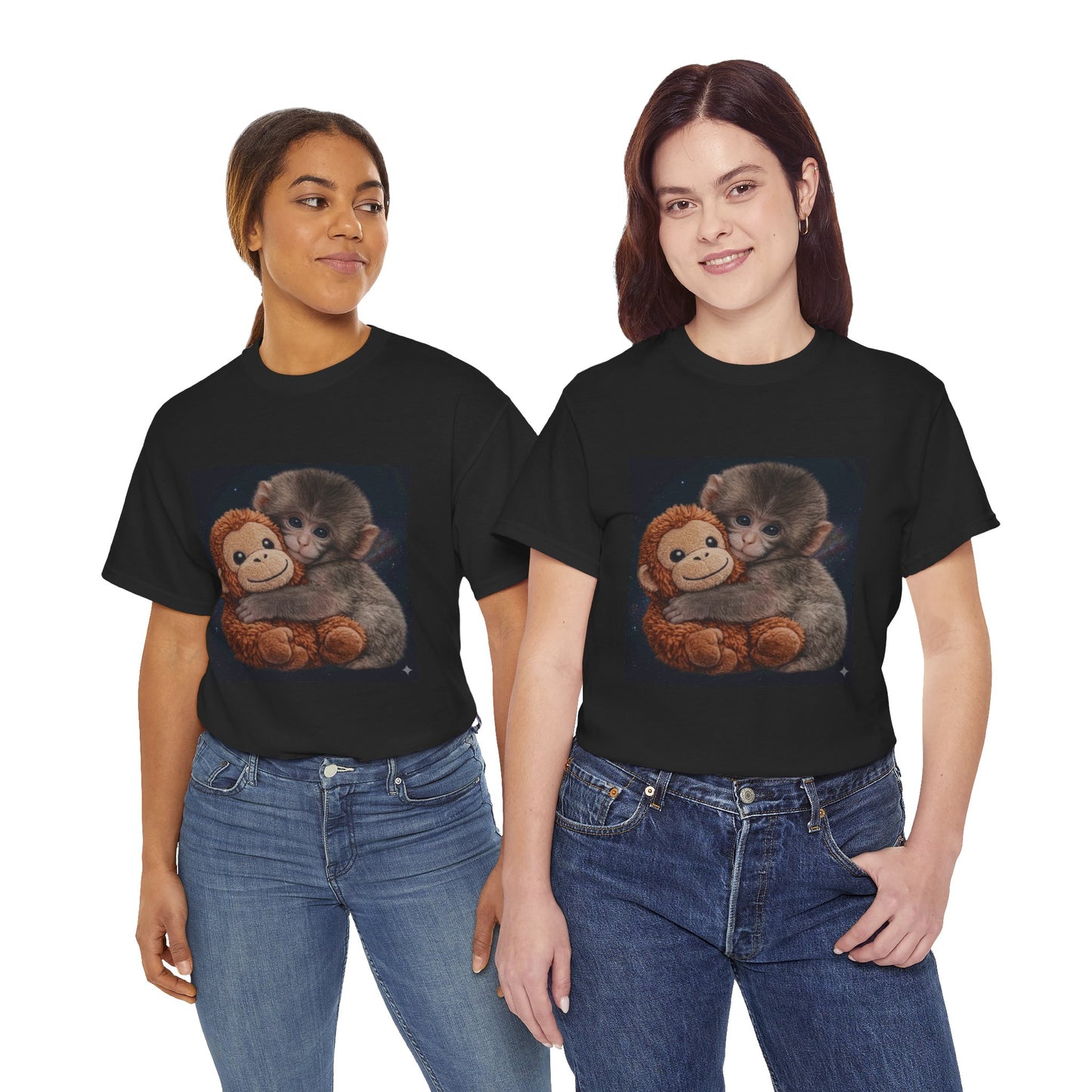 T-Shirt — Cute Baby Monkey Hugging Plush Toy Graphic Tee