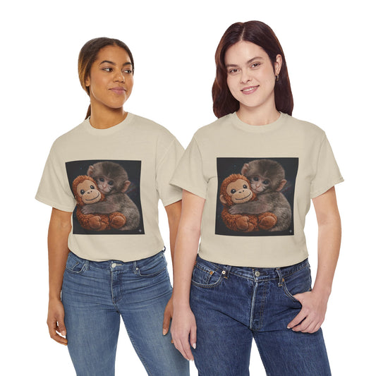 T-Shirt — Cute Baby Monkey Hugging Plush Toy Graphic Tee