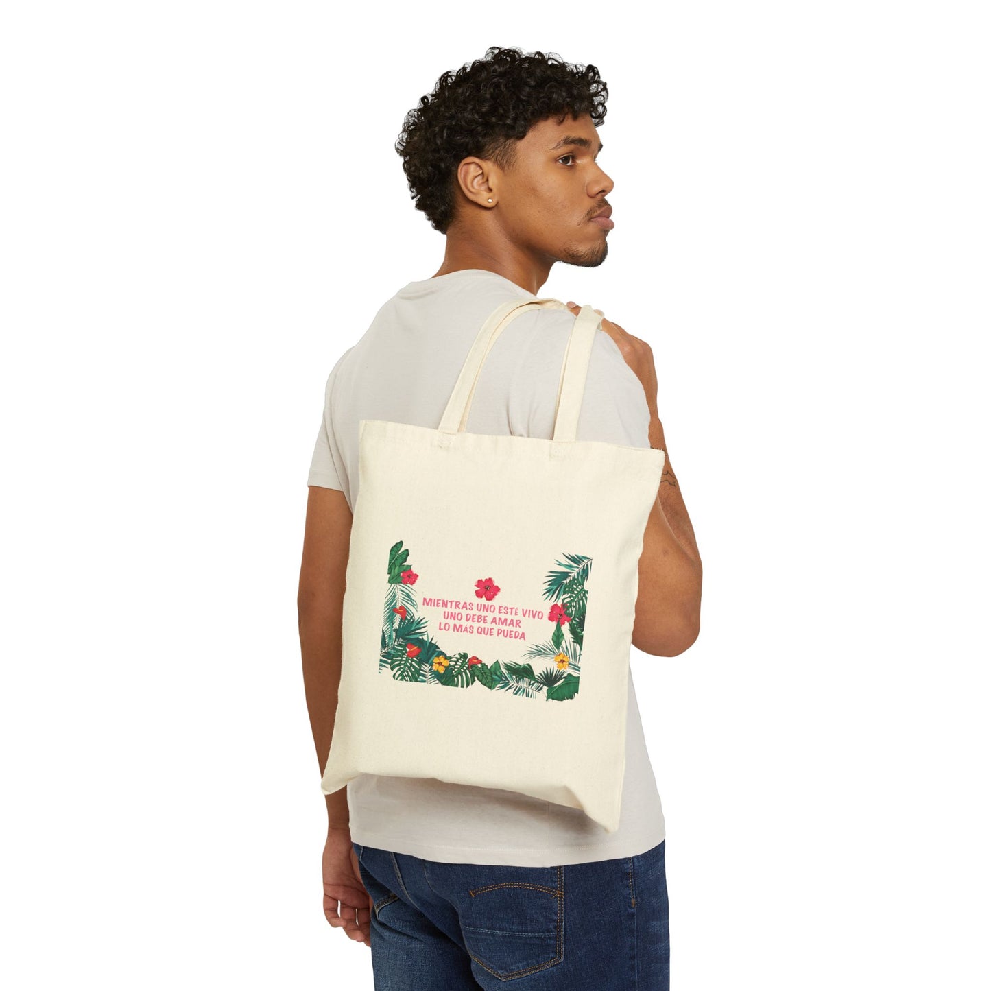 Tote Bag — Spanish Love Quote Tropical Canvas Tote (Mientras Uno Este Vivo...)