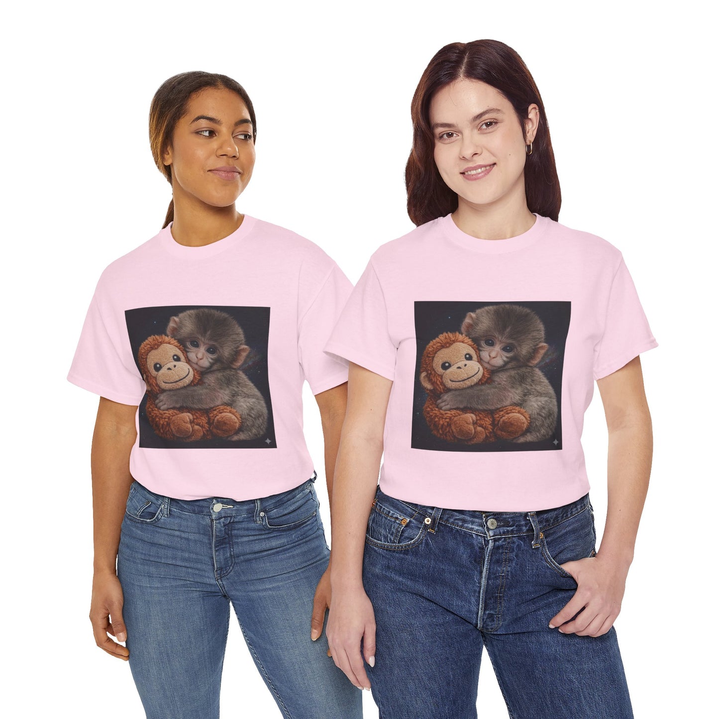 T-Shirt — Cute Baby Monkey Hugging Plush Toy Graphic Tee